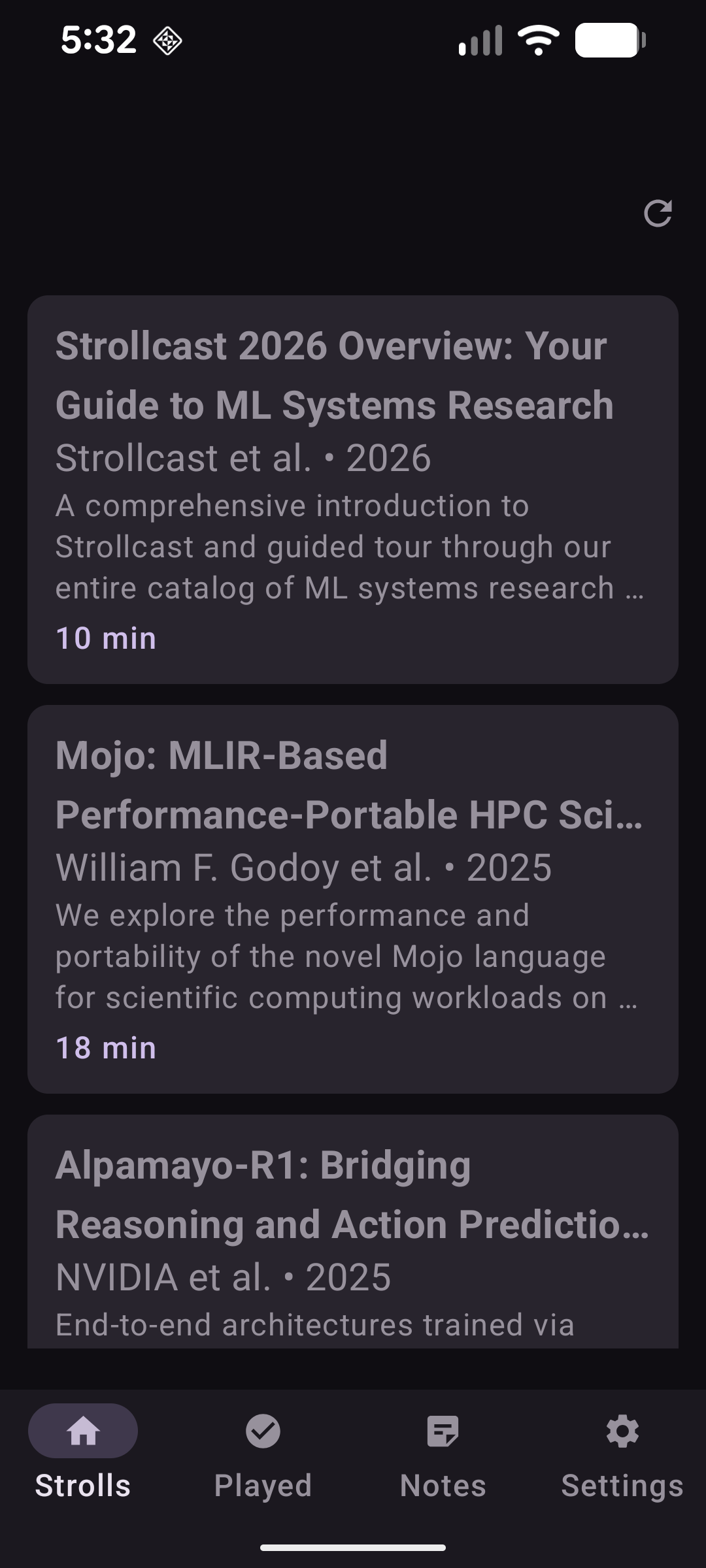 Strollcast Android main screen showing episode list