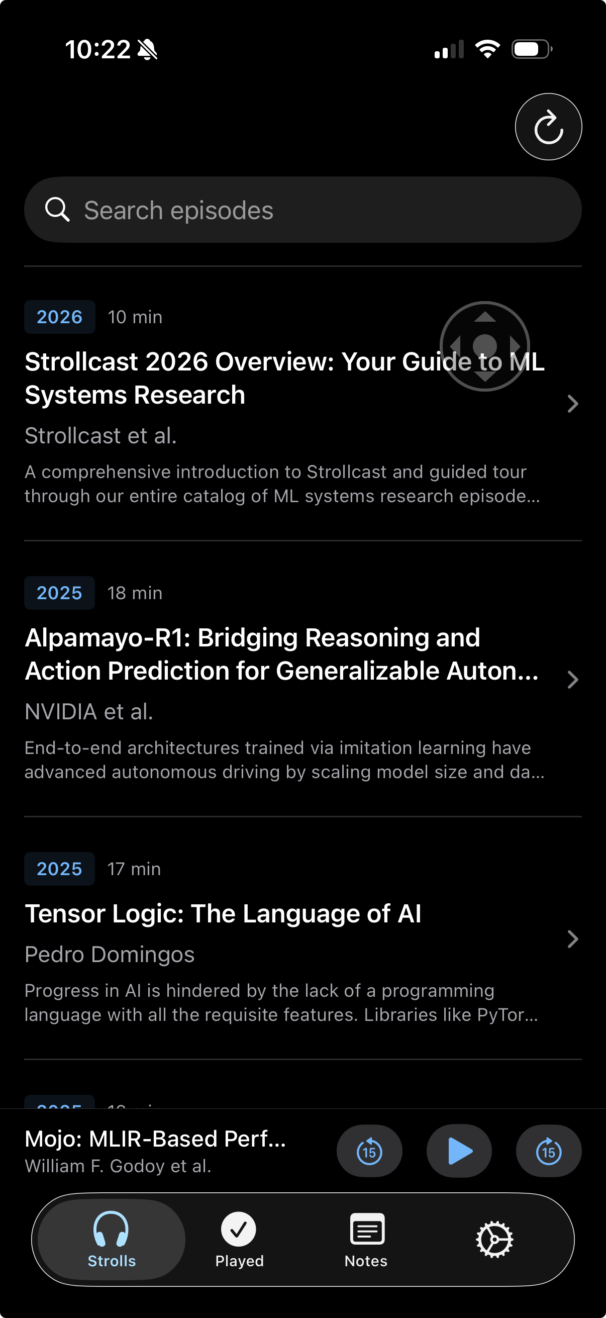 Strollcast iOS main screen showing episode list